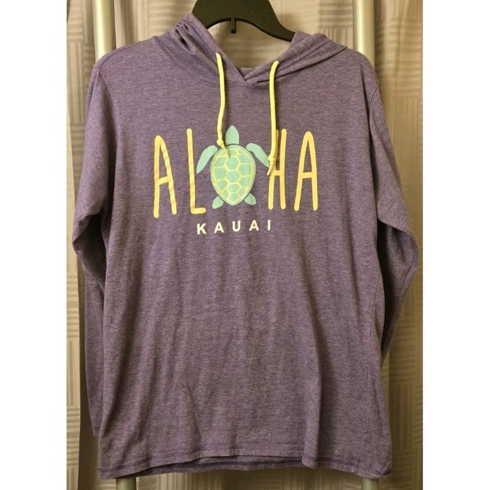 Vintage Anvil Hawaii Kauai Hooded Long Sleeve TShirt L Purple Crew Neck Hawaiian